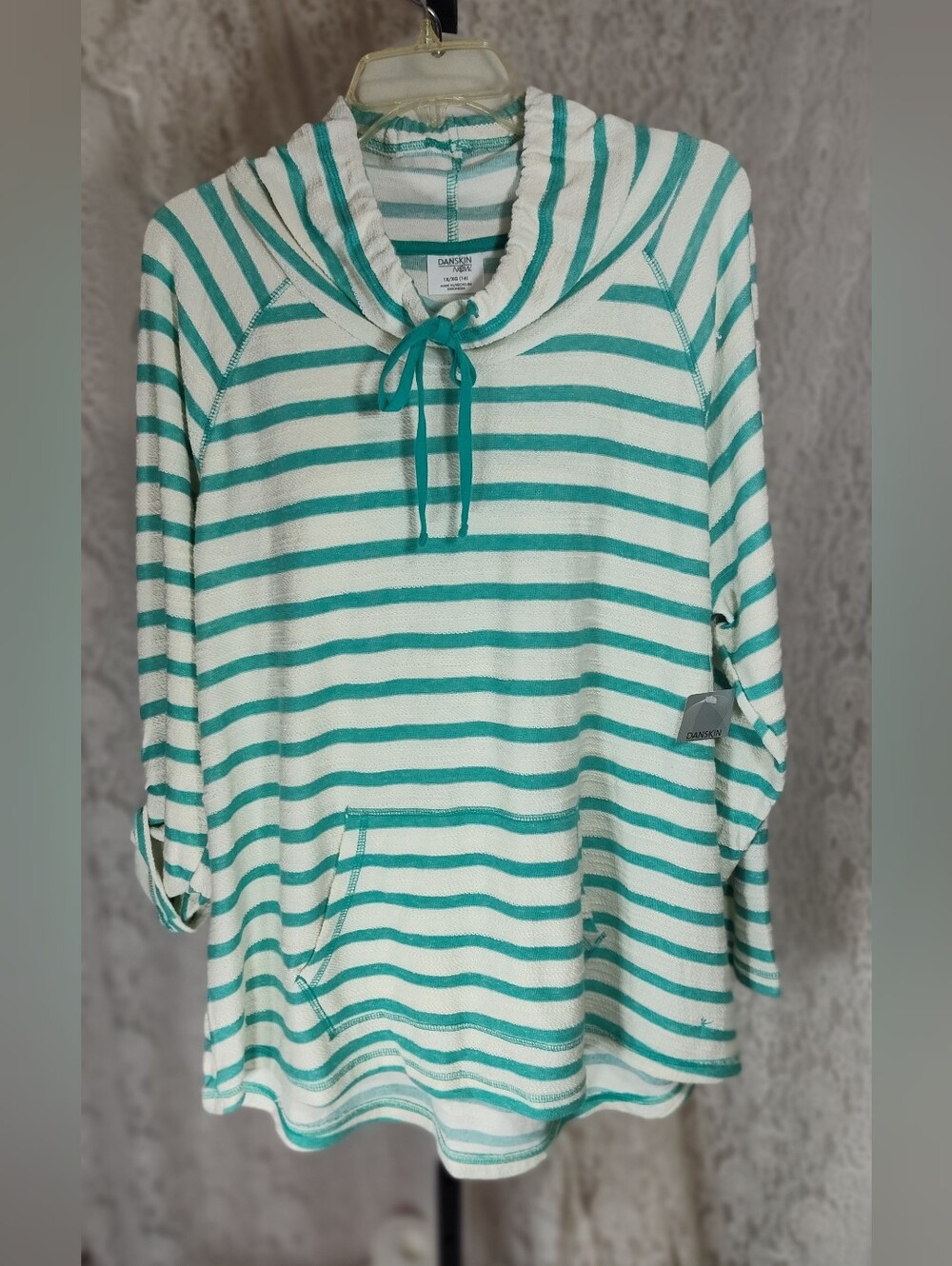 Danskin Teal and White Striped Gather Up Collar